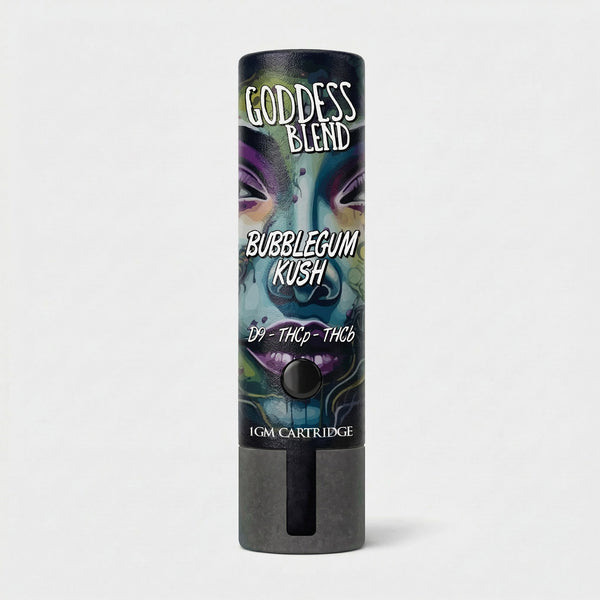 Goddess Blend Bubblegum Kush vape cartridge packaging on a white background