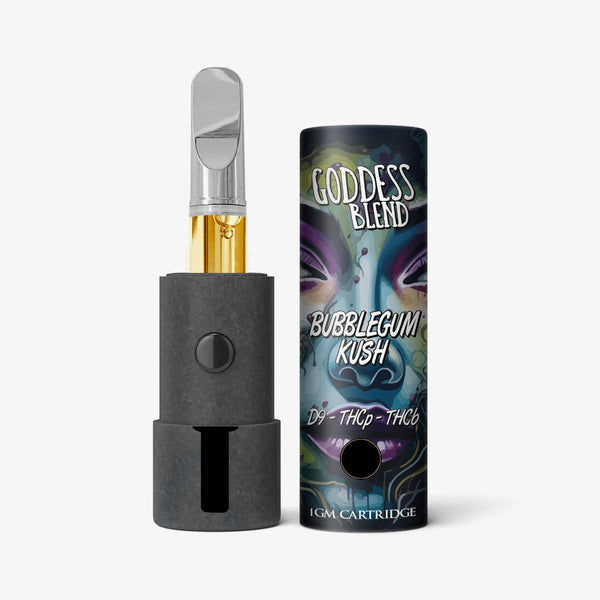 Vape pen and packaging with 'Goddess Blend Bubblegum Kush' branding on a white background