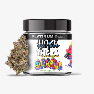 Jar of Platinum Reserve Haze Electrics THC-A flower with colorful label on a white background
