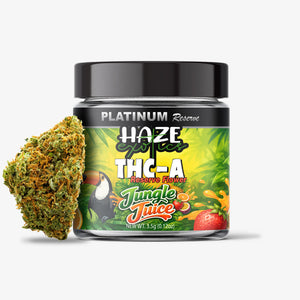 Jar of Jungle Juice THC-A flower with bud on a white background